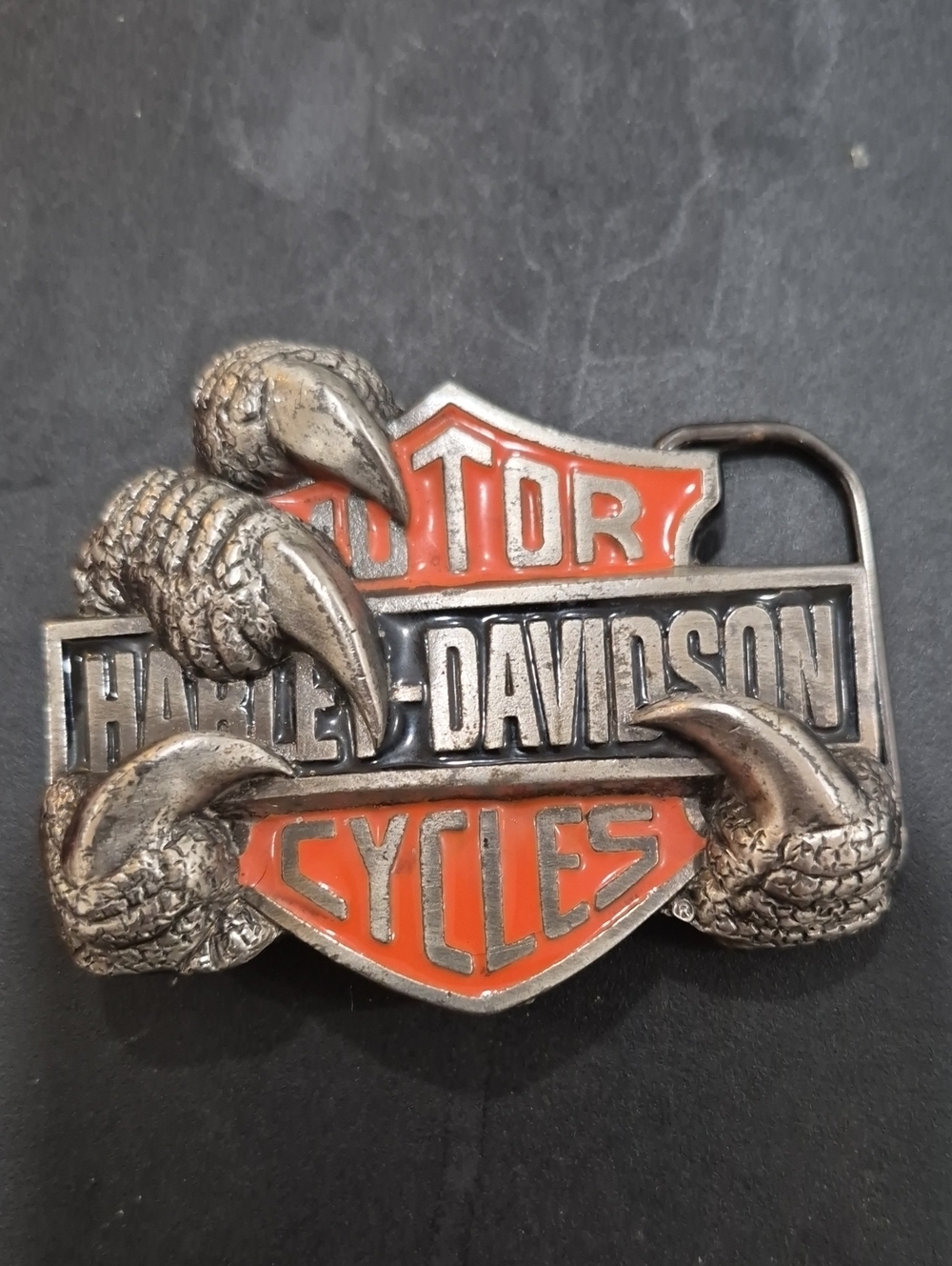 Vintage Harley-Davidson Orange and Silver Claw Logo Belt Buckle